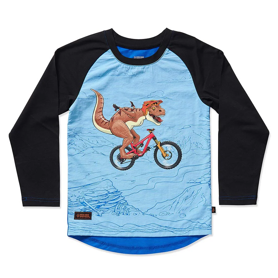 Kids Ride Shotgun Windproof Kids MTB Jersey Dino YS Black & Blue
